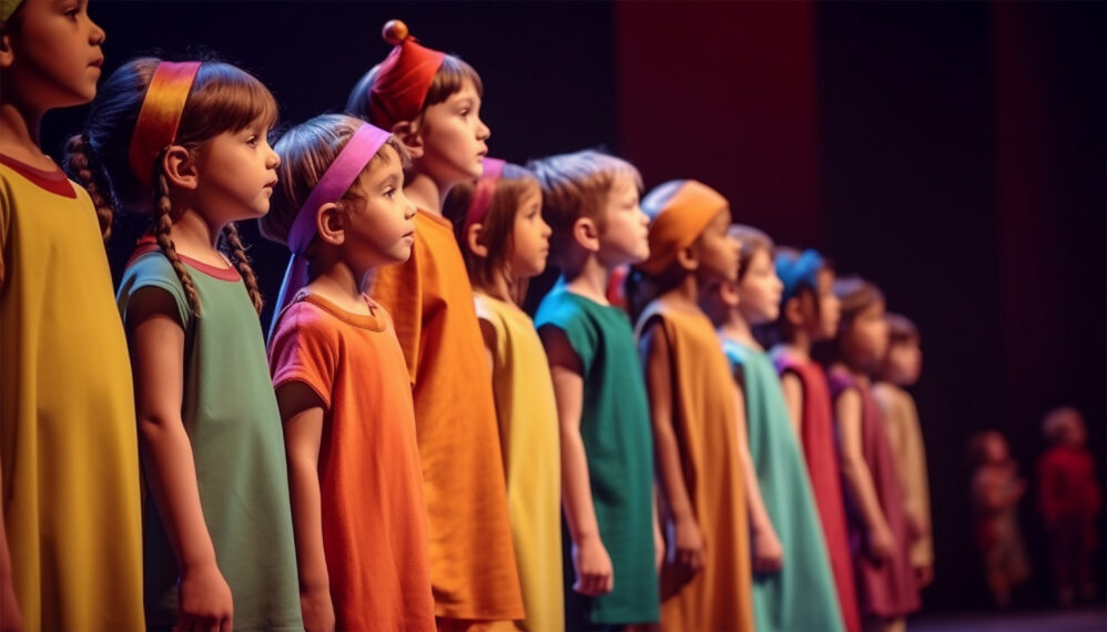 Children performance on a school theater stage. singing a song school musical. concept: big evening event is on an open day at school. parents and grandparents in an audience hall